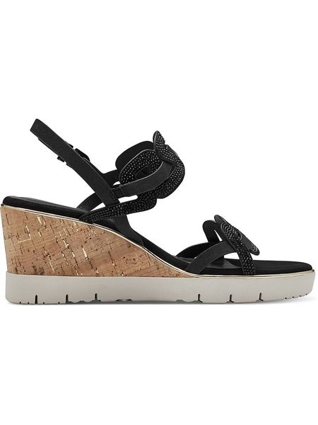 Tamaris Sandały w kolorze czarnym na koturnie rozmiar: 39. Czarne sandały Tamaris, bez wzorów, z otwartym noskiem, bez obcasa, na koturnie, bez zapięcia. Za 127.65 zł.