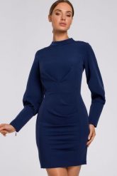 Elegancka sukienka z marszczeniami i bufiastymi rękawami granat. Sukienki Sukienki.shop, do pracy, xl, bez wzorów, z elastanu, biznesowe, bez kołnierzyka, bez ramiączek, mini. W wyprzedaży za 239.00 zł.