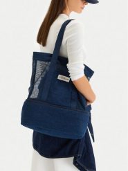 Guess Jeans Torebka CWBEO-GUESS-M-004-09 Granatowy. Niebieskie shopper Guess Jeans, z aplikacjami, z jeansu, bez dodatków. Za 189.99 zł.