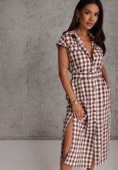 Brązowa Letnia Sukienka Koszulowa z Bawełny w Kratkę Vichy Arede. Brązowe sukienki Renee, na lato, l, bez wzorów, z bawełny, boho, bez kołnierzyka, bez ramiączek, midi, koszulowe. Za 129.99 zł.