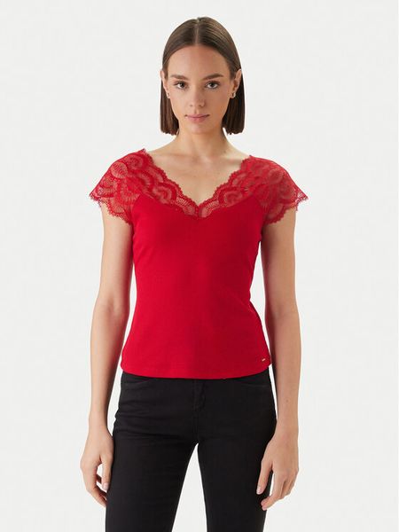 Morgan Bluzka 251-DELI Czerwony Slim Fit. Czerwone bluzki Morgan, s, bez wzorów, z syntetyku, bez kołnierzyka, bez ramiączek. Za 109.99 zł.