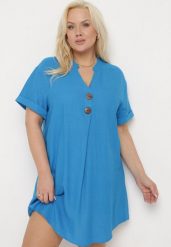 Niebieska Sukienka z Lnem Pudełkowa z Krótkim Rękawem i Guzikami Effienu. Niebieskie sukienki Born2be, na spotkanie biznesowe, xl, bez wzorów, z materiału, eleganckie, bez kołnierzyka, bez ramiączek, mini. Za 89.99 zł.