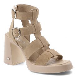 Sandały damskie Karino, cholewka ze skóry naturalnej welurowej wielopaskowa konstrukcja na stabilnym obcasie, beżowe, 5819/022-P. Brązowe botki Karino, na lato, ze skóry, bez obcasa, na obcasie, bez zapięcia. Za 549.00 zł.