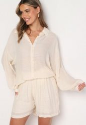 Beżowy Komplet Koszula z Długim Rękawem Szorty Tordia. Brązowe koszule Born2be, uniwersalny, bez wzorów, z bawełny, eleganckie, bez kołnierzyka, bez ramiączek. Za 109.99 zł.
