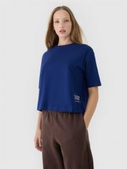 4F T-shirt oversize z nadrukiem damski - granatowy M. Niebieskie t-shirty 4f, m, bez wzorów, z bawełny, bez kołnierzyka, bez ramiączek. W wyprzedaży za 29.99 zł.