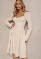 Beżowa Sukienka o Rozkloszowanym Kroju z Gorsetową Górą Tillitte. Brązowe sukienki Renee, na co dzień, m, bez wzorów, eleganckie, bez kołnierzyka, bez ramiączek, midi, dopasowane. Za 129.99 zł.