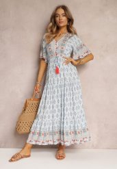 Jasnoniebieska Sukienka Maxi z Krótkim Rękawem i Gumką w Talii Emaya. Niebieskie sukienki Renee, l, bez wzorów, z tkaniny, boho, bez kołnierzyka, bez ramiączek, maxi. Za 79.99 zł.