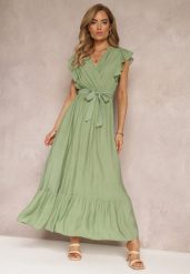Zielona Rozkloszowana Sukienka Maxi z Gumką w Talii Lavla. Zielone sukienki Renee, l, bez wzorów, z materiału, bez kołnierzyka, bez ramiączek, maxi, rozkloszowane. Za 74.99 zł.