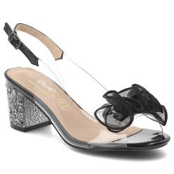 Sandały damskie S.Barski, ozdobna kokarda regulowany pasek stabilny obcas elegancki fason, czarne, MR61-9012. Czarne sandały S.BARSKI, z aplikacjami, eleganckie, bez obcasa, na obcasie, bez zapięcia. Za 199.00 zł.