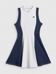 4F Sukienka tenisowa damska - biała L. Białe sukienki 4f, na co dzień, l, bez wzorów, z dzianiny, sportowe, bez kołnierzyka, bez ramiączek, maxi, sportowe. Za 129.99 zł.