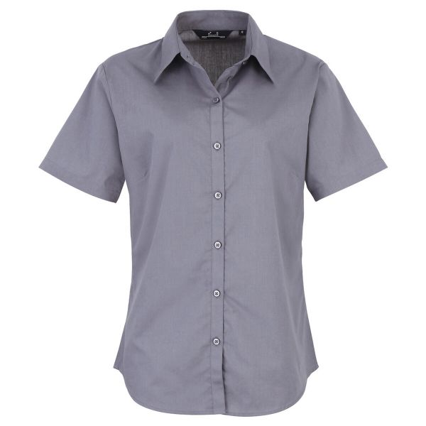 Bluzka Damska Z Krótkim Rękawem Z Popeliny. Niebieskie bluzki PREMIER, bez wzorów, casualowe, bez kołnierzyka, bez ramiączek. Za 105.99 zł.