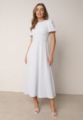 Niebieska Elegancka Sukienka VICES o Rozkloszowanym Kroju z Krótkim Rękawem Aezith. Niebieskie sukienki Born2be, na co dzień, l, bez wzorów, eleganckie, bez kołnierzyka, bez ramiączek, maxi, proste. Za 219.99 zł.