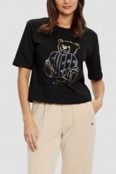 GUESS Czarny t-shirt damski Bear Boxy. Czarne t-shirty Guess, s, z aplikacjami, bez kołnierzyka, bez ramiączek. W wyprzedaży za 149.99 zł.