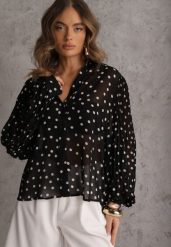 Czarna Koszula z Wiskozy i Bawełny Zdobiona Groszkami i Plisami na Rękawach Osharus. Czarne koszule Renee, m, z aplikacjami, z bawełny, bez kołnierzyka, bez ramiączek. Za 109.99 zł.