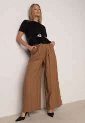 Brązowe Szerokie Spodnie Wiskozowe w Garniturowym Stylu z Paskiem Qera. Brązowe spodnie materiałowe Born2be, na co dzień, l, bez wzorów, z jeansu. Za 129.99 zł.