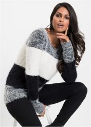 Sweter z przędzy z długim włosem w paski. Czarne swetry bonprix, bez wzorów, z dzianiny, bez ramiączek. Za 124.99 zł.