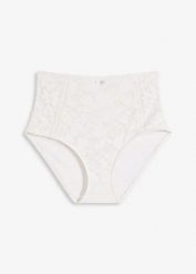 Figi shape, średni stopień modelowania sylwetki. Białe figi bonprix, bez wzorów, z koronki. Za 37.99 zł.