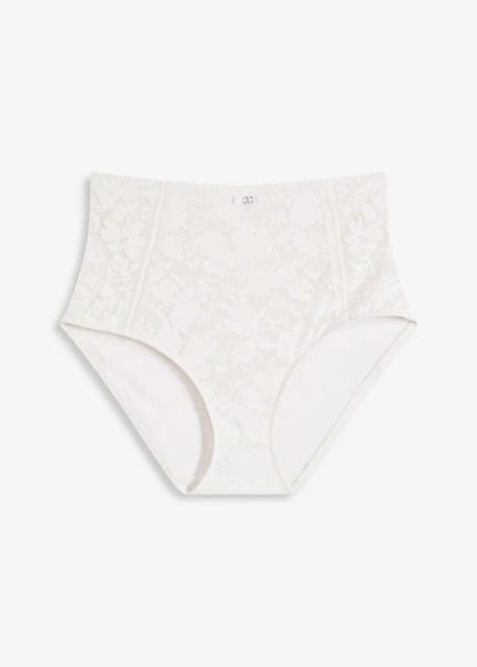 Figi shape, średni stopień modelowania sylwetki. Białe figi bonprix, bez wzorów, z koronki. Za 37.99 zł.