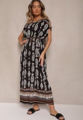 Czarna Wiskozowa Sukienka o Pudełkowym Kroju w Etniczny Print Miriliana. Czarne sukienki Renee, na co dzień, xl, z aplikacjami, z jeansu, eleganckie, bez kołnierzyka, bez ramiączek, maxi, kopertowe. Za 54.99 zł.