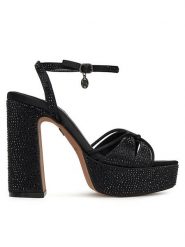 Nine West Sandały S3SH005-01A Czarny. Czarne sandały Nine West, bez wzorów, z materiału, bez obcasa, na słupku, bez zapięcia. Za 259.99 zł.