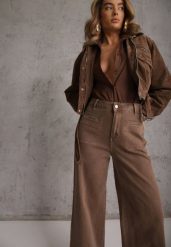 Brązowe Szerokie Jeansy High Waist z Bawełny Berinnessa. Brązowe jeansy Renee, l, bez wzorów, z podwyższonym stanem. Za 129.99 zł.