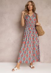 Niebiesko-Czerwona Rozkloszowana Sukienka z Wiskozy w Fantazyjny Print Karlene. Czerwone sukienki Renee, l, bez wzorów, z wiskozy, wakacyjne, bez kołnierzyka, bez ramiączek, maxi, rozkloszowane. Za 39.99 zł.