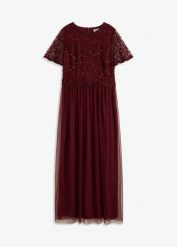 Sukienka maxi z delikatnego tiulu z aplikacją z cekinami. Czerwone sukienki bonprix, z aplikacjami, z tiulu, eleganckie, bez kołnierzyka, bez ramiączek, maxi. Za 329.99 zł.