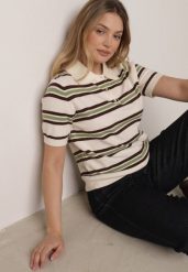 Zielono-Kremowy T-shirt Typu Polo z Wiskozą Ozdobiony Guzikami i Paskami Esefia. Zielone koszulki polo Born2be, m, bez wzorów, z jeansu, bez kołnierzyka, bez ramiączek. Za 119.99 zł.