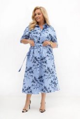 Sukienka koszulowa Iris w paski z granatowymi kwiatami | 100% bawełna | PLUS SIZE OVERSIZE LATO. Niebieskie sukienki Moda Size Plus Iwanek, do pracy, na lato, l, bez wzorów, z bawełny, biznesowe, bez kołnierzyka, plus size, bez ramiączek, midi, dopasowane. Za 349.90 zł.