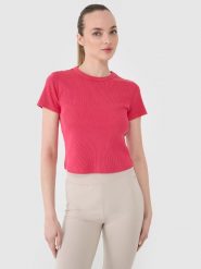 4F T-shirt slim z prążkowanej dzianiny damski - różowy L. Czerwone t-shirty 4f, l, bez wzorów, z bawełny, bez kołnierzyka, bez ramiączek. W wyprzedaży za 39.99 zł.
