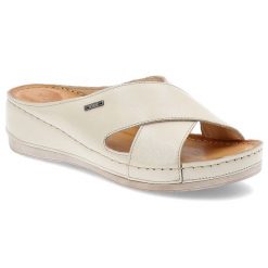 Klapki damskie Wasak, ze skóry naturalnej na grubej platformie z miękkimi wkładkami, waniliowe, 409. Brązowe klapki Wasak, bez wzorów, ze skóry, bez obcasa. Za 209.00 zł.