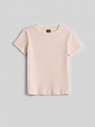 4F T-shirt slim z prążkowanej dzianiny damski - kremowy L. Białe t-shirty 4f, l, bez wzorów, z bawełny, bez kołnierzyka, bez ramiączek. Za 49.99 zł.