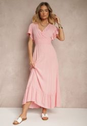 Różowa Rozkloszowana Sukienka z Wiskozy z Kopertowym Dekoltem Rellrive. Czerwone sukienki Renee, na co dzień, l, bez wzorów, z wiskozy, eleganckie, bez kołnierzyka, bez ramiączek, maxi, kopertowe. Za 59.99 zł.