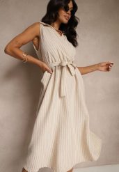 Beżowa Koszulowa Sukienka Bez Rękawów z Wiązanym Paskiem Lideene. Brązowe sukienki Renee, na co dzień, bez wzorów, eleganckie, bez kołnierzyka, bez ramiączek, midi, kopertowe. Za 89.99 zł.
