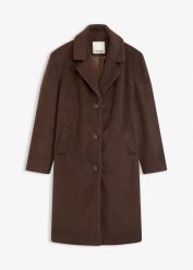 Krótki płaszcz z materiału w optyce wełny. Brązowe płaszcze bonprix, bez wzorów, z wełny, bez kaptura. Za 299.99 zł.