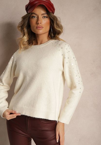 Jasnobeżowy Sweter z Bawełną i Cekinami Ceala. Brązowe swetry Renee, s, z aplikacjami, z bawełny, bez ramiączek. Za 119.99 zł.