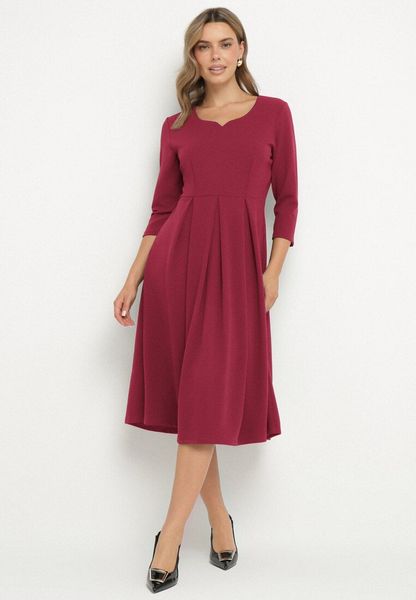 Ciemnoróżowa Rozkloszowana Sukienka z Rękawem 3/4 Nomiel. Czerwone sukienki Born2be, l, bez wzorów, eleganckie, bez kołnierzyka, bez ramiączek, rozkloszowane. Za 89.99 zł.