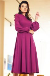 Elegancka Midi Sukienka z Bufiastym Rękawem - Śliwkowa. Czarne sukienki Awama, l, bez wzorów, z elastanu, eleganckie, bez kołnierzyka, bez ramiączek, midi. Za 259.90 zł.
