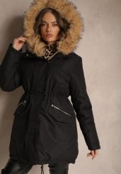 Czarna Kurtka Parka Ściągana w Talii z Dwustronnym Suwakiem i Kapturem z Futrem Edrieth. Czarne kurtki Renee, na zimę, l, bez wzorów, z materiału. Za 249.99 zł.