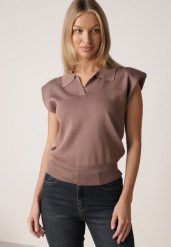 Brązowa Wiskozowa Bluzka Sweterkowa z Usztywnionymi Ramionami i Kołnierzykiem Katano. Brązowe bluzki Born2be, uniwersalny, bez wzorów, z jeansu, eleganckie, bez kołnierzyka, bez ramiączek. Za 79.99 zł.