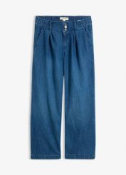 Jeansy wide leg, high waist z wygodną talią. Niebieskie jeansy bonprix, bez wzorów, z podwyższonym stanem. Za 124.99 zł.