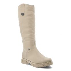 Kozaki damskie Rieker o wysokim fasonie z prostą cholewką i masywną traperową podeszwą beżowe, Y7190-60 Beige. Brązowe kozaki Rieker, na zimę, z puchu, przed kolano, bez obcasa, bez zapięcia. Za 439.00 zł.