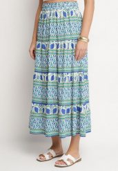 Niebieska Rozkloszowana Spódnica z Wiskozą w Etniczny Wzór Kolamiela. Niebieskie spódnice Born2be, na co dzień, bez wzorów, z bawełny, eleganckie, maxi, proste. Za 79.99 zł.