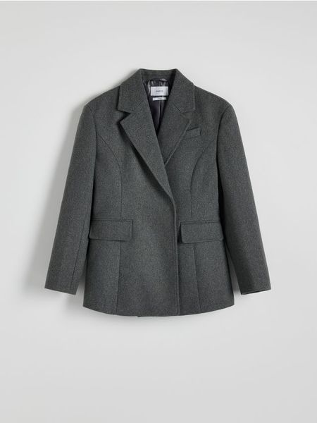 Płaszcz z wełną - szary. Szare płaszcze Reserved, l, bez wzorów, z wełny, bez kaptura. W wyprzedaży za 179.99 zł.