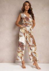 Beżowy Kombinezon z Bawełny z Szerokimi Ramiączkami i Długimi Nogawkami Vmeviana. Brązowe sukienki Renee, na co dzień, l, bez wzorów, z bawełny, eleganckie, bez kołnierzyka, bez ramiączek, dopasowane. Za 99.99 zł.