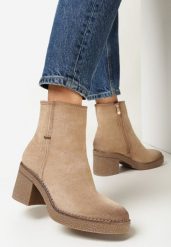 Beżowe Botki na Obcasie z Imitacji Zamszu Nakiah. Brązowe botki Born2be, bez wzorów, z jeansu, bez obcasa, na obcasie, bez zapięcia. Za 159.99 zł.