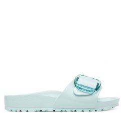 Klapki Birkenstock. Niebieskie klapki Birkenstock, bez wzorów, bez obcasa. Za 249.99 zł.