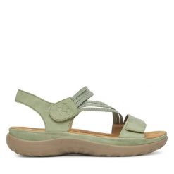 Sandały Rieker. Zielone sandały Rieker, bez wzorów, bez obcasa, na płaskiej podeszwie, bez zapięcia. Za 319.99 zł.