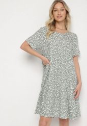 Zielona Sukienka z Bawełną w Kwiatowy Wzór Lunasenia. Zielone sukienki Born2be, na co dzień, na lato, l, bez wzorów, z bawełny, eleganckie, bez kołnierzyka, bez ramiączek. Za 54.99 zł.