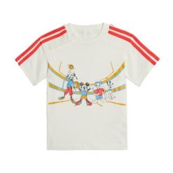 Koszulka adidas x Disney Mickey Mouse. Białe bluzki Adidas, bez wzorów, z bawełny, sportowe, bez kołnierzyka, bez ramiączek. W wyprzedaży za 81.05 zł.
